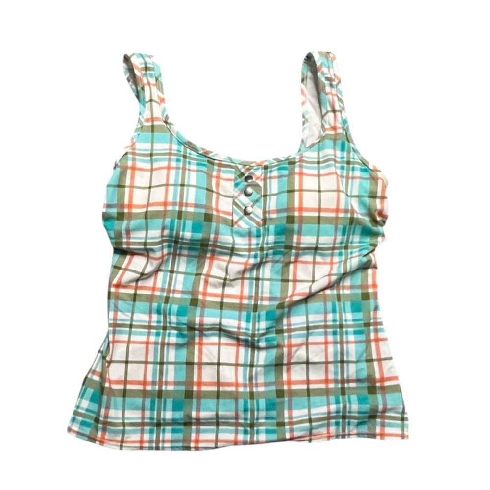 Kim Rogers Womens Swim‎ Tankini Plaid Green Teal Wide Strap Medium Lined Cup